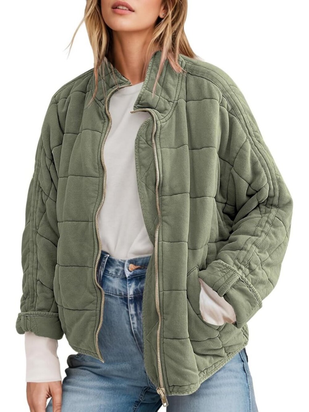 Cozy Women's Quilted Jacket Coat - Warm Long Sleeve Dolman Zip Outerwear